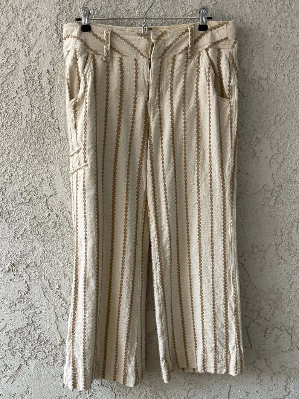 Free People Embroidered Striped Wide Leg Pants Bohemian Coastal Grandma Cotton S